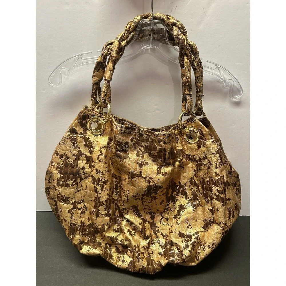 Gold Metallic Oversized Bag Braided Handle Gold Metallic‎ Snakeskin Hobo Purse
